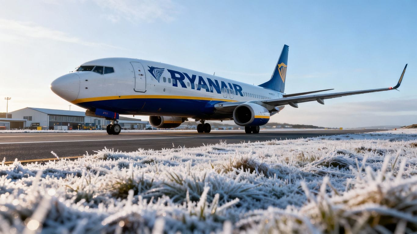Ryanair plane on frosty runway at Newquay Airport