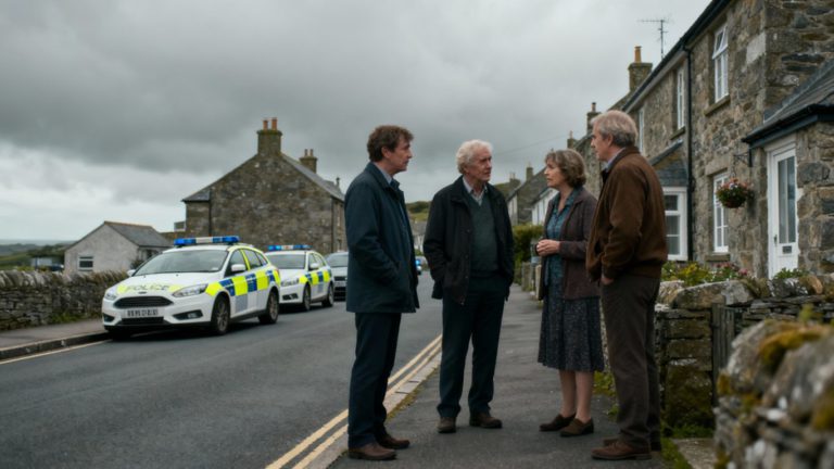 Police cars and villagers on Cornish village street