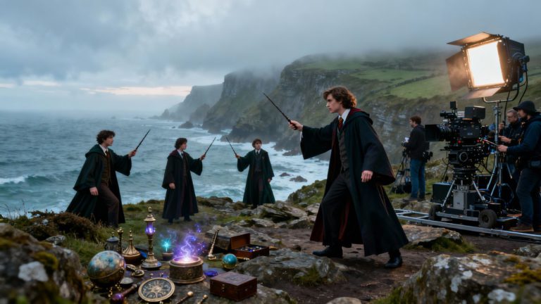 Film crew and wizards on misty Cornwall coast.