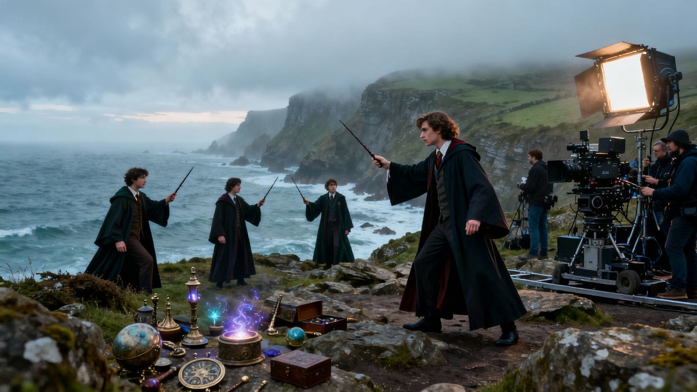 Film crew and wizards on misty Cornwall coast.