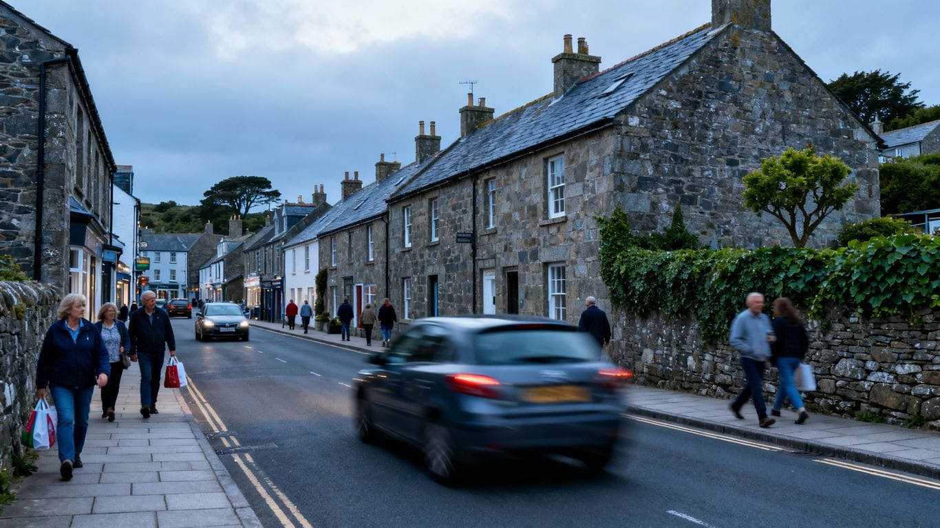 Cornish town street with cars and pedestrians