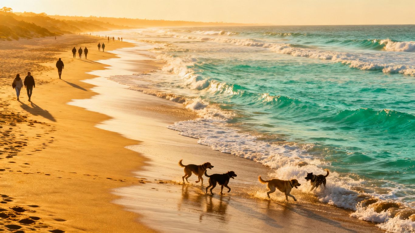 Dogs playing on a sandy Cornish beach.