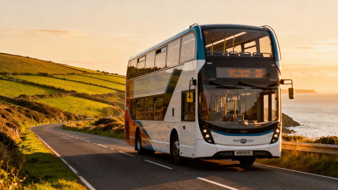 Cornwall bus on scenic coastal road.
