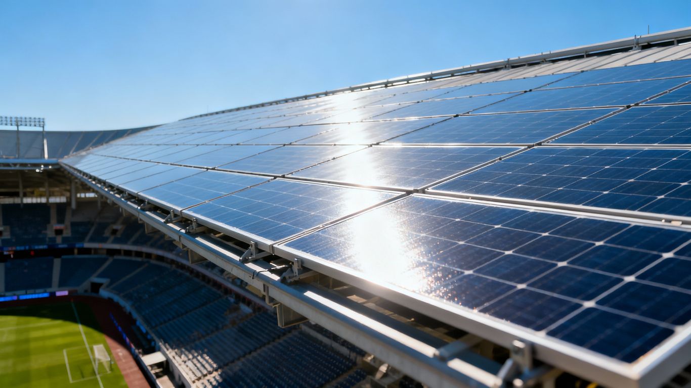Solar panels installed on a stadium roof.