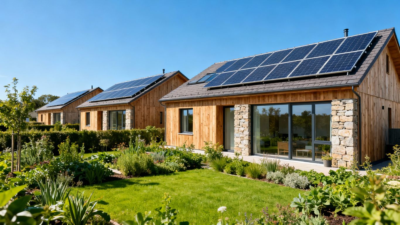 Eco-friendly houses with solar panels and green gardens.