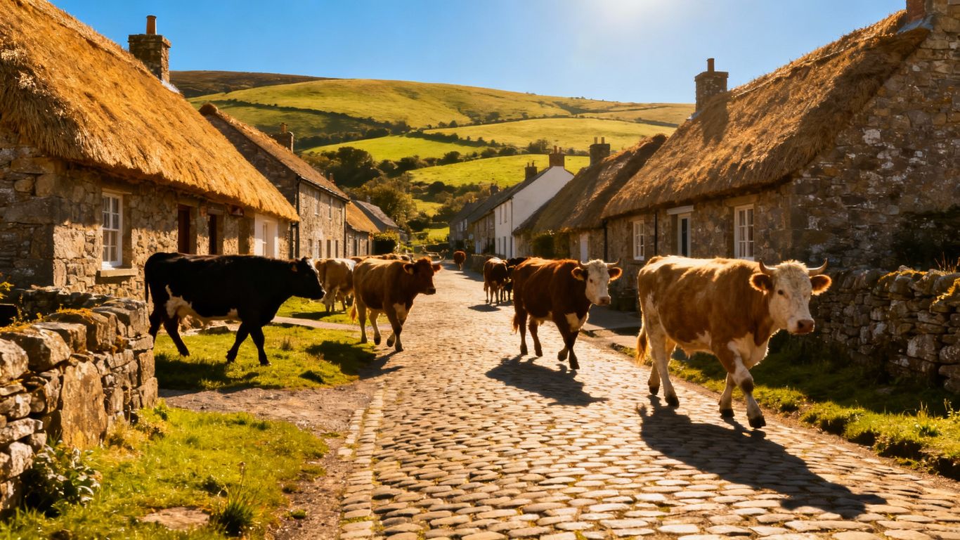 Cows walking through a quaint Cornish village street.