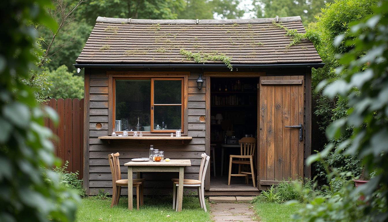 A rustic garden shed transformed into a casual pub space. A rustic garden shed transformed into a casual pub space.