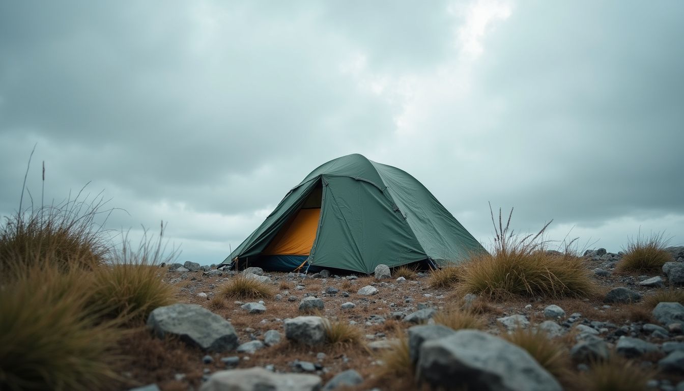 A worn tent stands on rocky ground under an overcast sky.