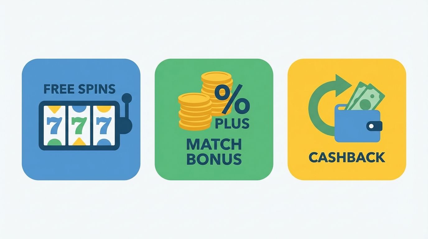 Infographic illustrating three types of casino bonuses: Free Spins, Match Bonus, and Cashback.