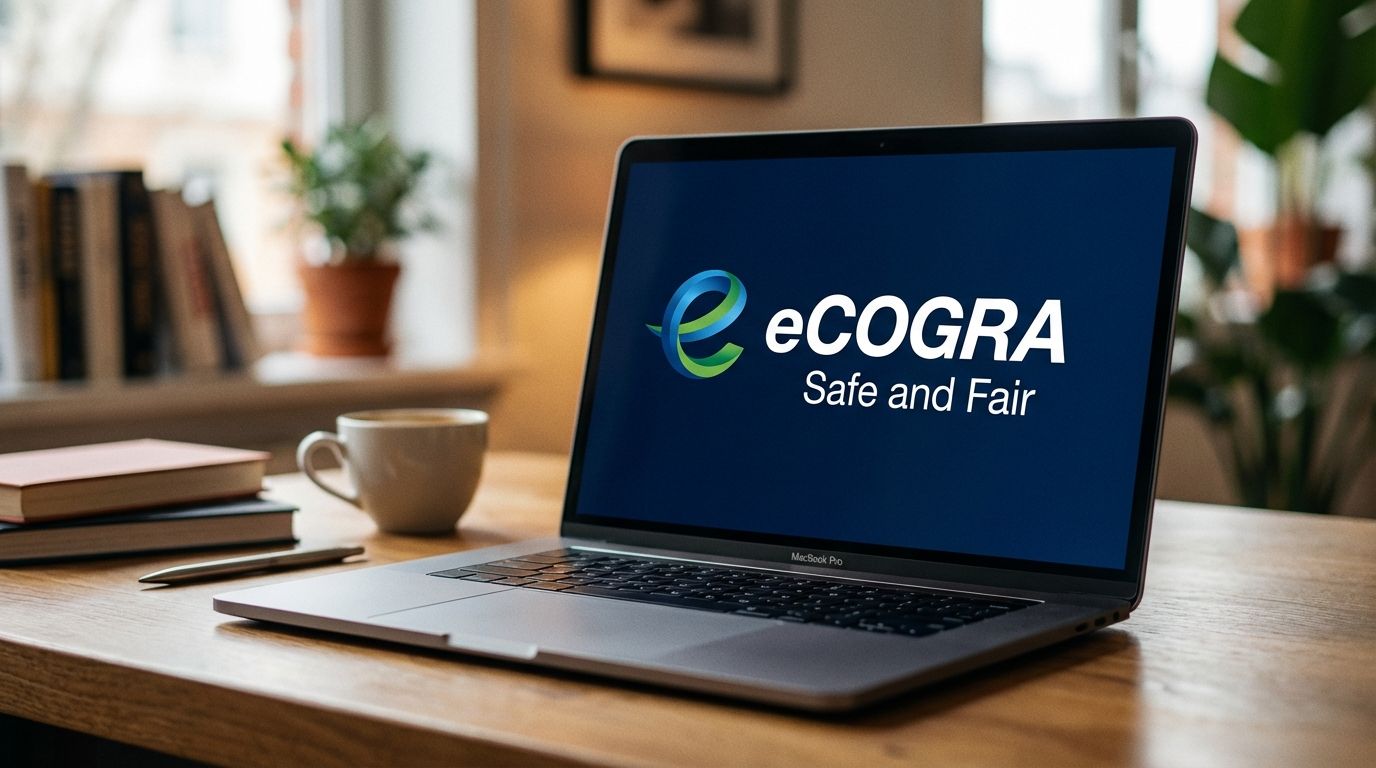 A laptop screen displaying the eCOGRA Safe and Fair seal of approval.
