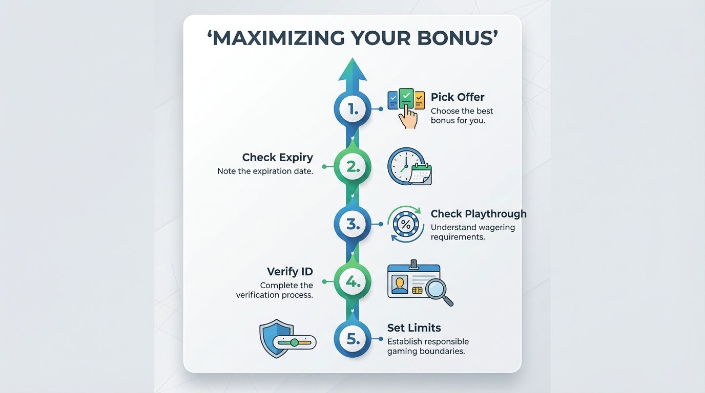 Step-by-step infographic showing how to maximize a casino bonus.