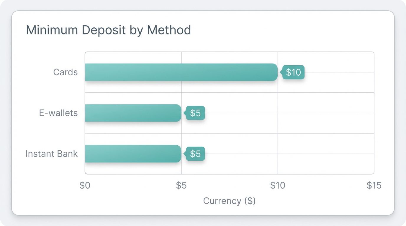 Horizontal bar chart showing minimum deposit amounts for E-wallets, Cards, and Instant Banking.