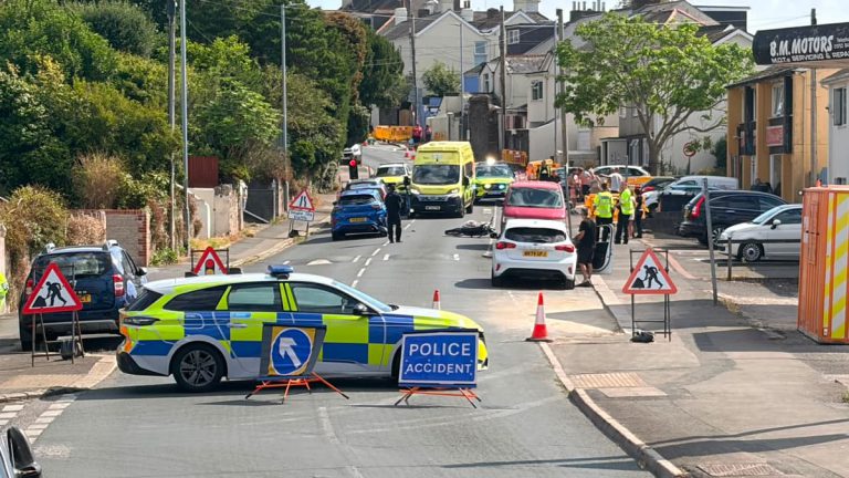 Police on scene as car and motoecycle involved in collision at Saltash